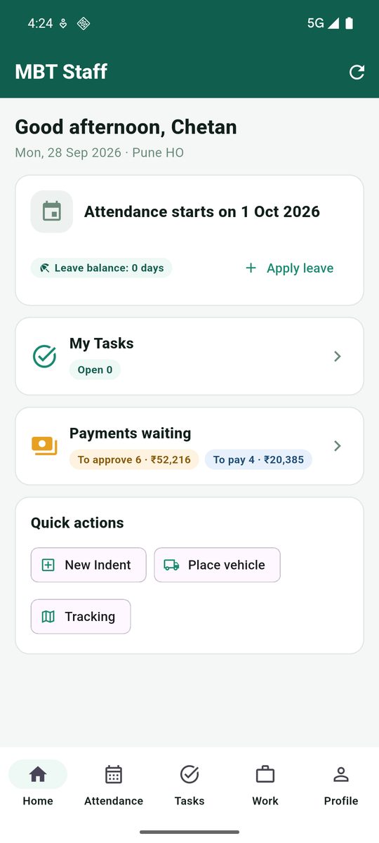 MBT Staff app: home screen with tasks, payments and quick actions
